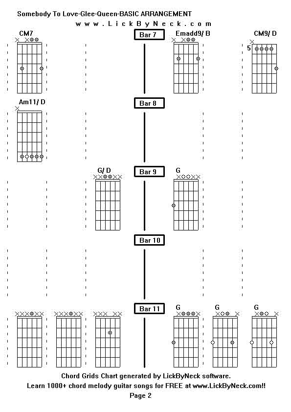 Chord Grids Chart of chord melody fingerstyle guitar song-Somebody To Love-Glee-Queen-BASIC ARRANGEMENT,generated by LickByNeck software.